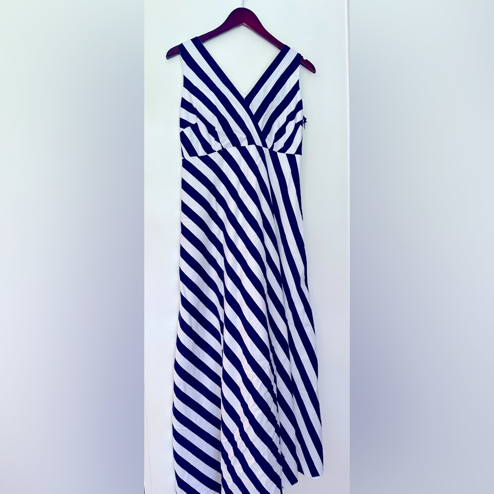 Jessica Simpson Maternity Maxi Dress Small Blue White Striped Sleeveless Wrap
